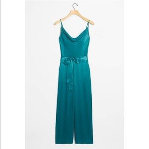 Anthropologie Alizia Cowl Neck Teal Satin Jumpsuit